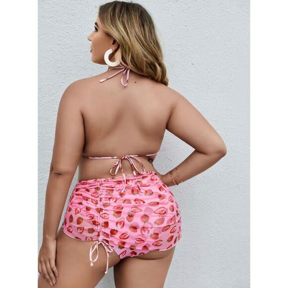 NEW Strawberry Print High Waist Triangle Top Bikini with Sarong Size 2XL C-G Cup - Picture 7 of 8